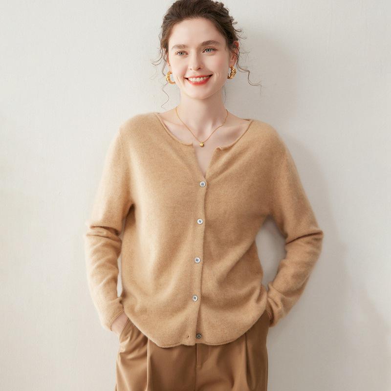 Korean Style Light Luxury Cashmere Cardigan - Women's Round Neck, Rolled Hem, Loose Fit, Slimming Knitwear Versatile Top