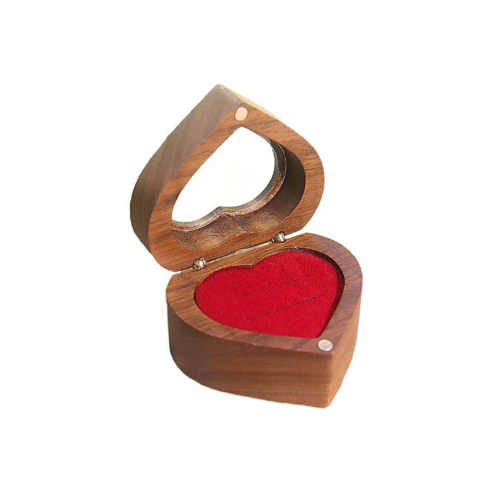 Transparent Cover Walnut Wood Rings Box 2 Slots Rings Bearer Box Simple Heart Rings Holder  Propose