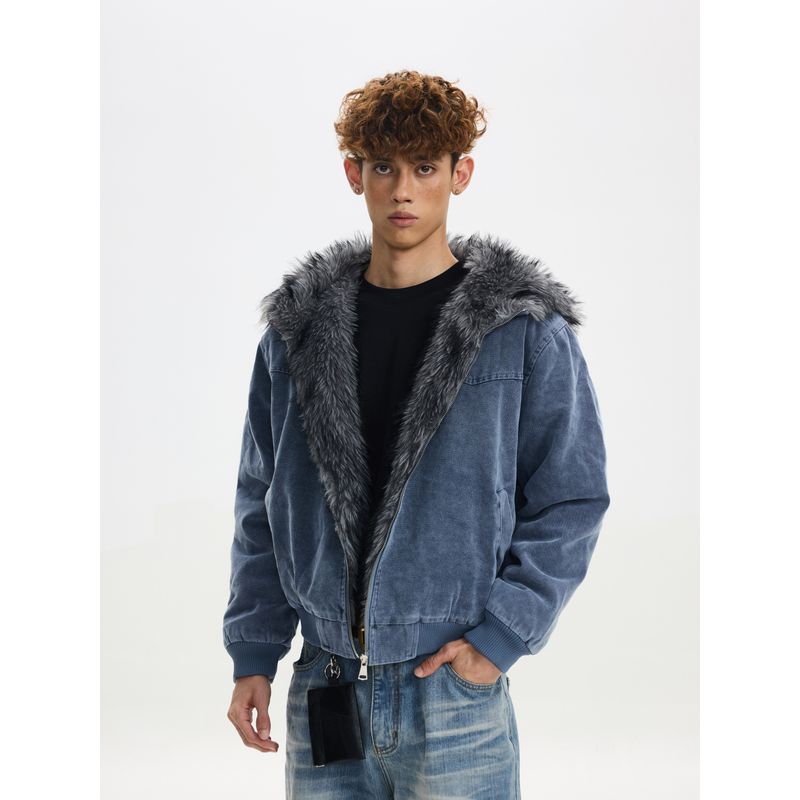 Cabbage Coke American Retro Style Mountain Carving Fur Collar Short Cotton Jacket Winter Distressed Hooded Padded Coat for Men and Women