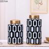 Jarrón Cerámico con Patrón Geométrico Creativo Rayas Blancas y Negras Artesanía Decorativa Tanque de Almacenamiento Mesa de Sala de Estar Decoración del Hogar
