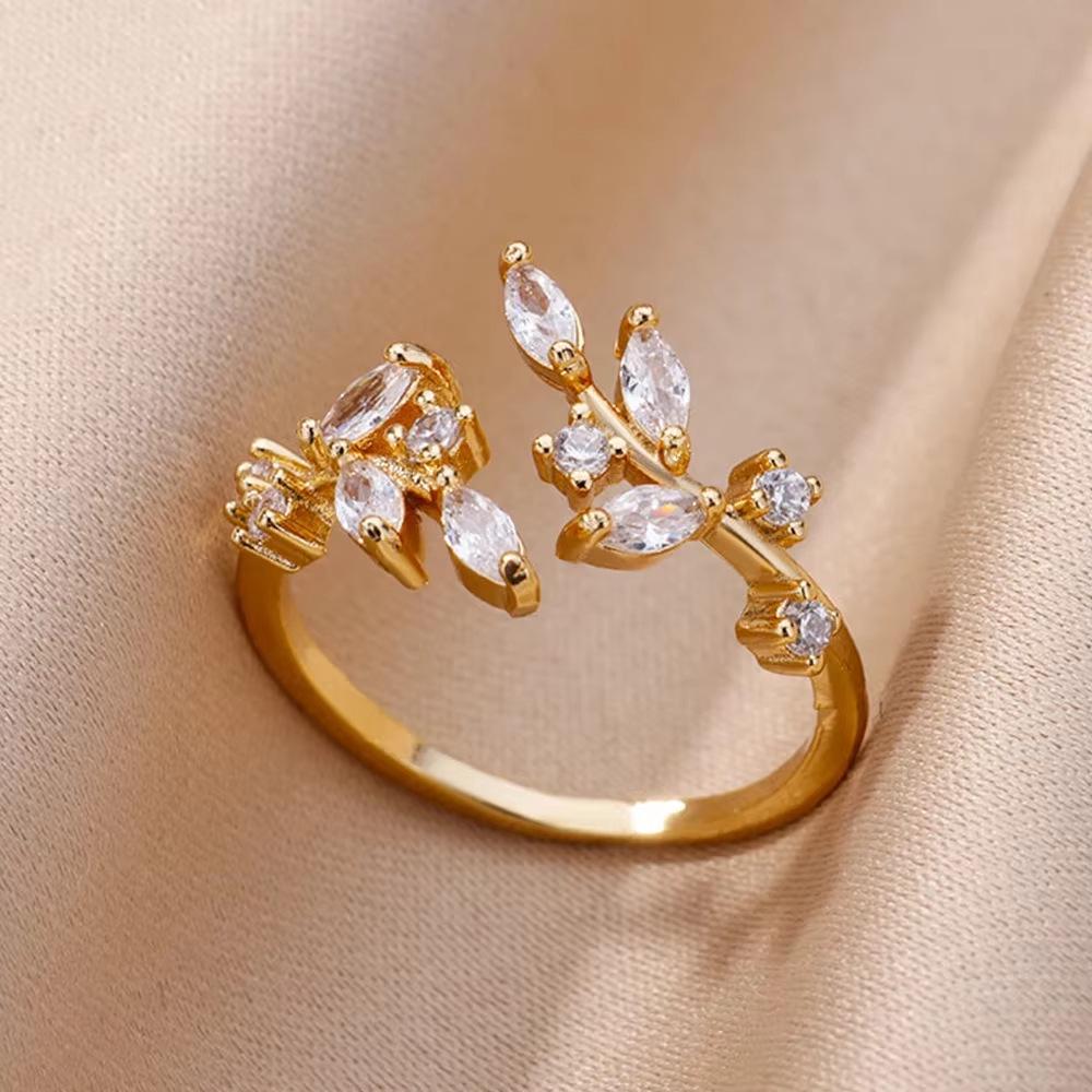 18K Gold Plated Open Ring with Zirconia Leaf Design - Luxurious, Non-Fading, Ideal for Women