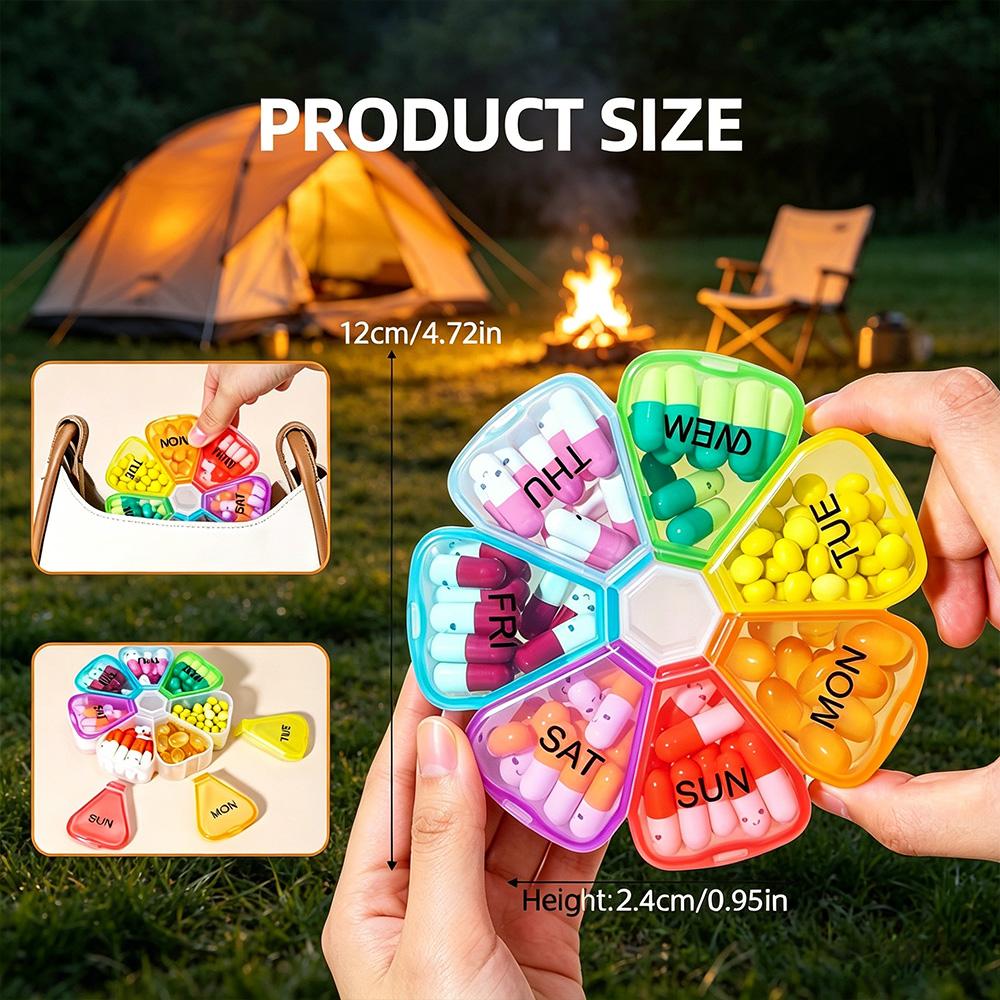 7‑Compartment Rainbow Color Pill Case, Lightweight Portable Medicine Container for Camping, Hiking, Daily Use & Travel Storage