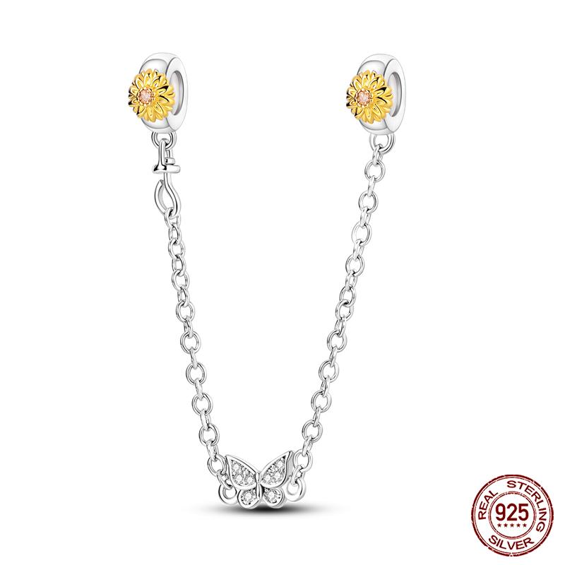 Real 925 Silver Stars & Moon Sunflower Safety Chains Spacer Beads Charms Fit Qikaola 925 Bracelets DIY Jewelry