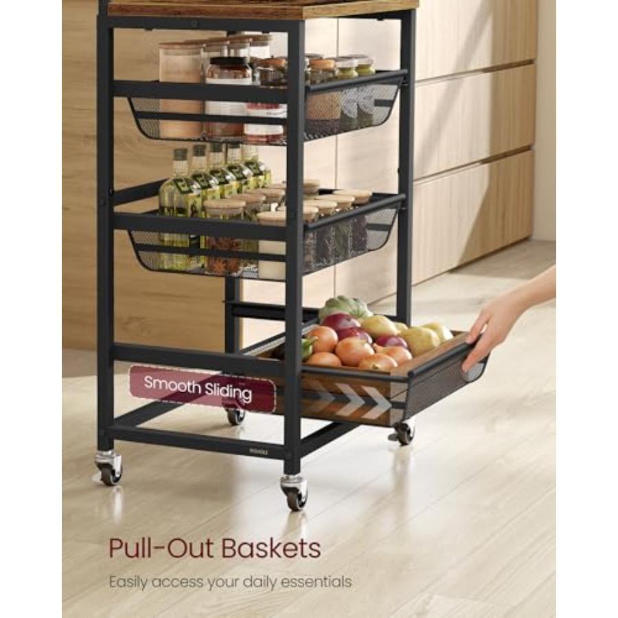 Storage Cart with Pull-Out Baskets 4-Tier Kitchen Cart with Wheels Handle 12.5 x 15.8 x 29.9 Inches Rustic Brown and Ink Black
