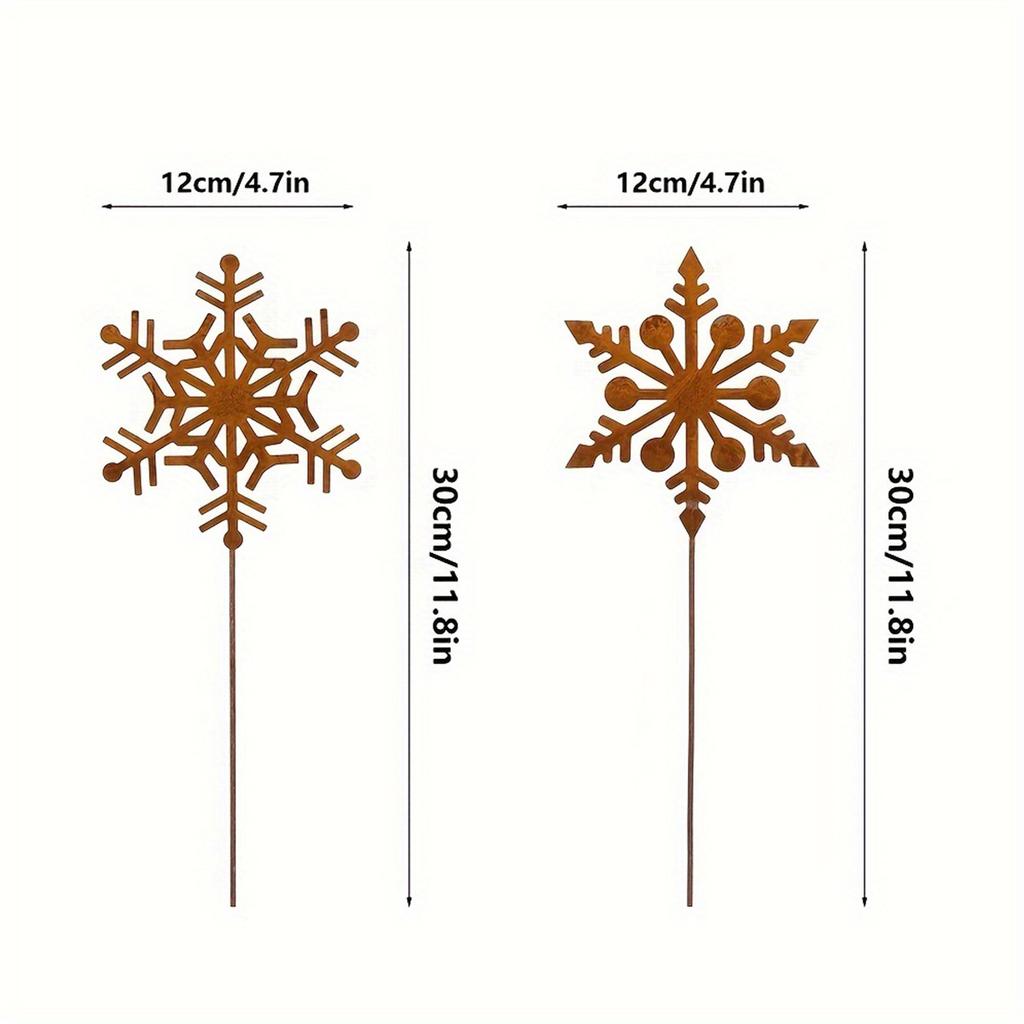 2-Piece Wrought Iron Snowflake Garden Decoration Stakes, Winter Decoration, Rust-Colored Christmas Decoration, Flower Pots, Bonsai Christm