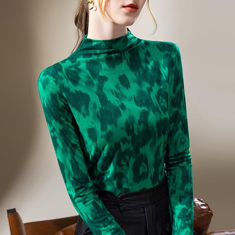 

Женская базовая футболка с полувысоким воротником, новая, в стиле ретро, с контрастной цветной печатью, с длинным рукавом, темпераментная, с топом с акцентом на талии L зелёный