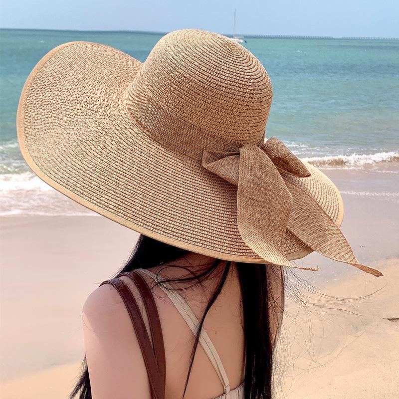 Women Korean Bow Straw Hat Large Brim Summer Sun Protection Floppy Panama Cap Female Lady Outdoor Beach Travel Visor Caps