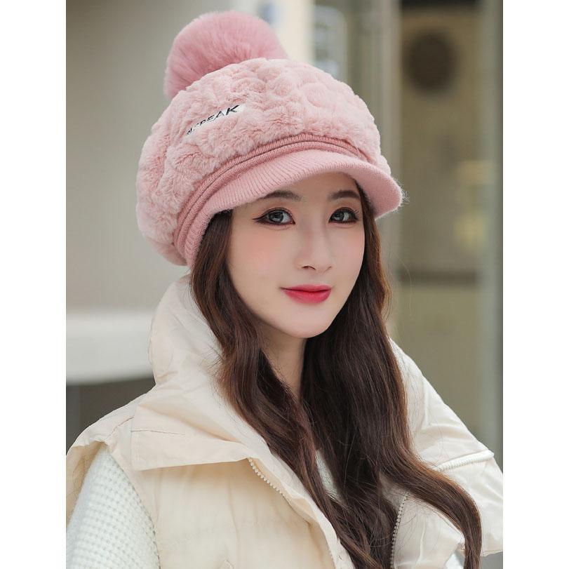 

Autumn And Winter Korean Hat Women S Fashion All-Match Plush Warm Peaked Cap Cute Fur Ball Cold Protection Ear Cap One Size рожевий