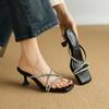 Krazing Pot Mules Microfiber Peep Toe Stiletto Thin High Heels Summer Shoes Size 44 Size 43 Crystal Women Sandals