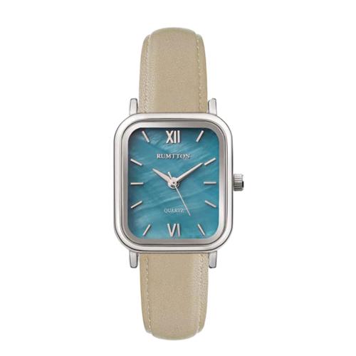 [RUMTTON] RUMTTON Harbor Blue Mother-of-Pearl Beige Band Leather Wristwatch Silver __