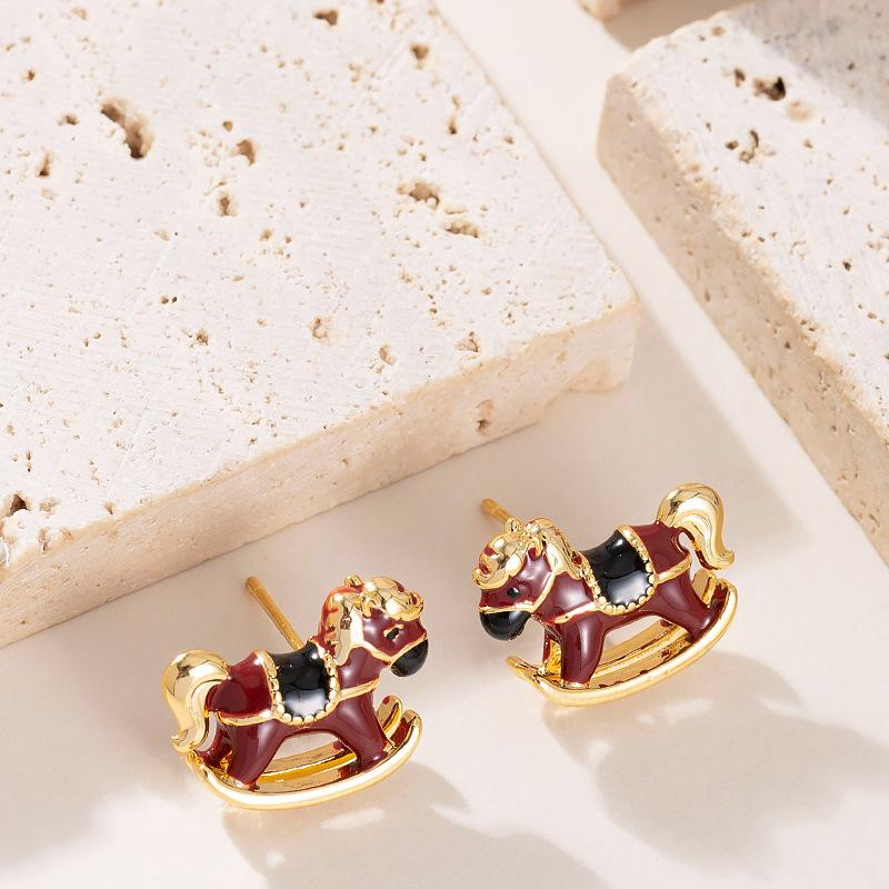 

Fashion exquisite oil drop enamel color cute cartoon Trojan horse stud earrings light luxury temperament high-end earrings