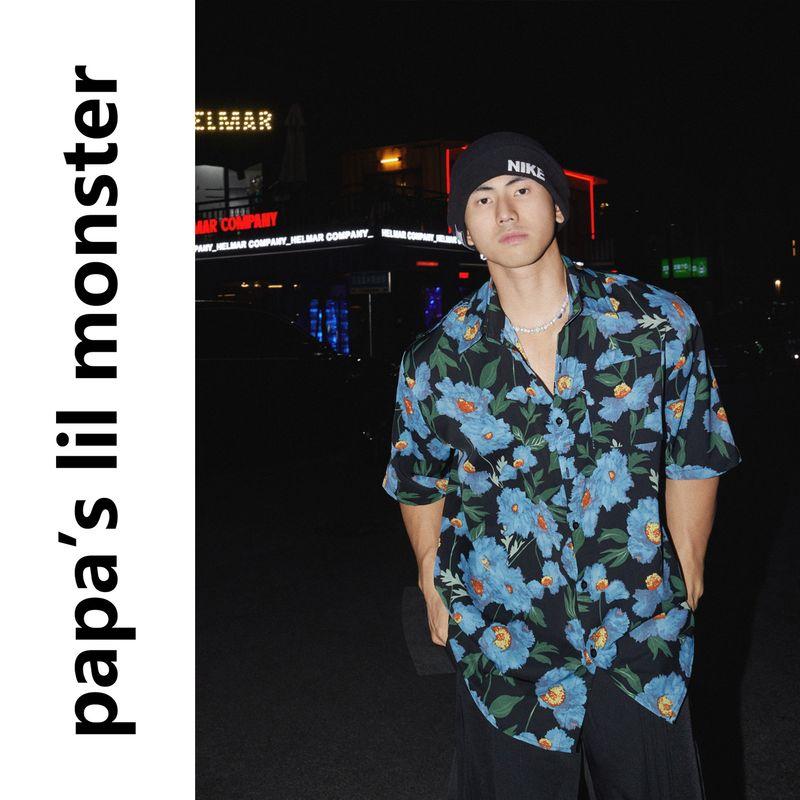 

Papaslilmonster American Retro Trendy Hawaii Casual Loose Hong Kong Style over Print Short Sleeve Shirt Black XL