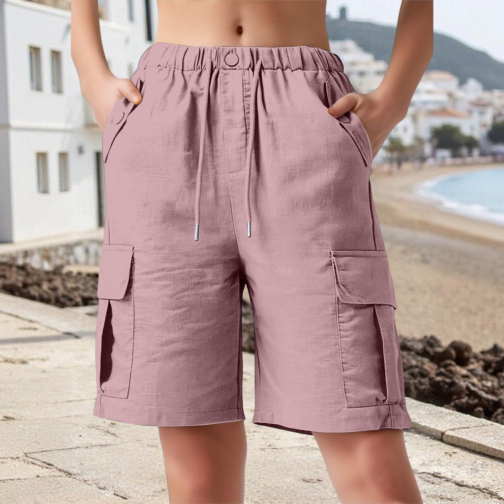 Women's Color Cotton And Linen Loose Casual Shorts With Pockets, Cropped Pants, Work Pants