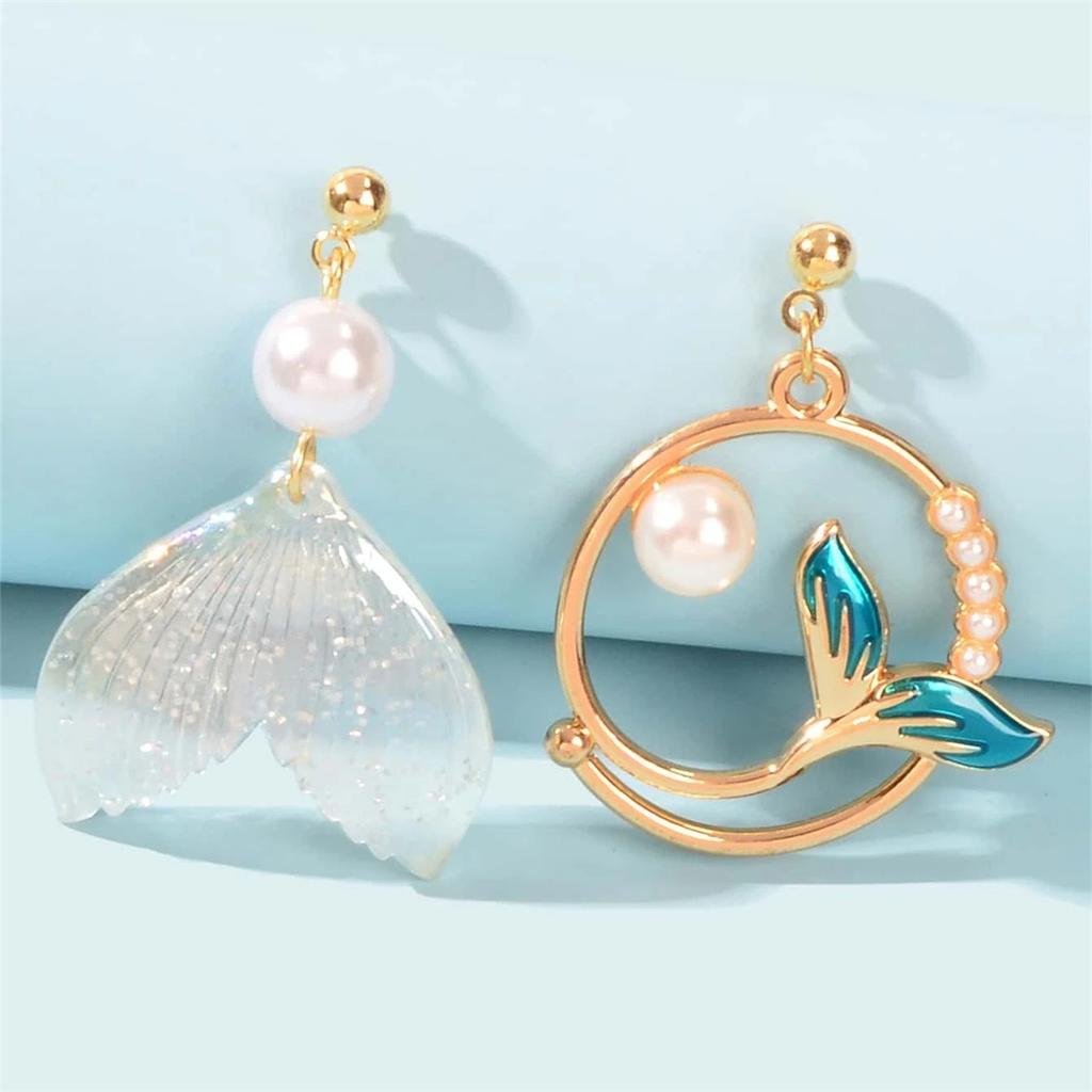 Enkle perleøredobber Delfin Hvalhale Asymmetriske øredobber Personlige havfrue stiftøredobber