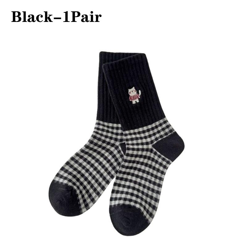 Damen Vintage KarosockenCartoon Katze BaumwolleMittelwade Lange Socken Grau Schwarz Weiß Frühling Herbst Freizeitsocken Damen Lange Socken