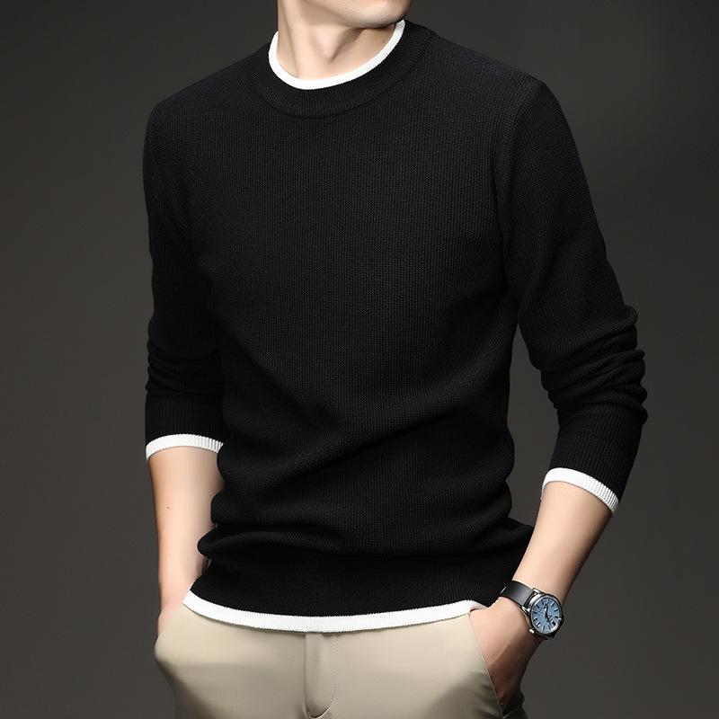 Men's Long Sleeve Round Neck Knit Sweater - Spring & Autumn Style, Fashionable Waffle Knit for Young and Middle-aged Individuals