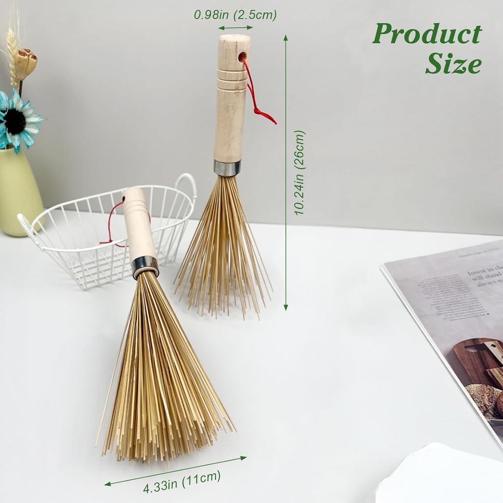 Natural Bamboo Pot Brush for Kitchen Cleaning – Eco-Friendly Scrub Brush for Pots, Pans, Woks, and Jars – 2 Pcs with Hanging Design
