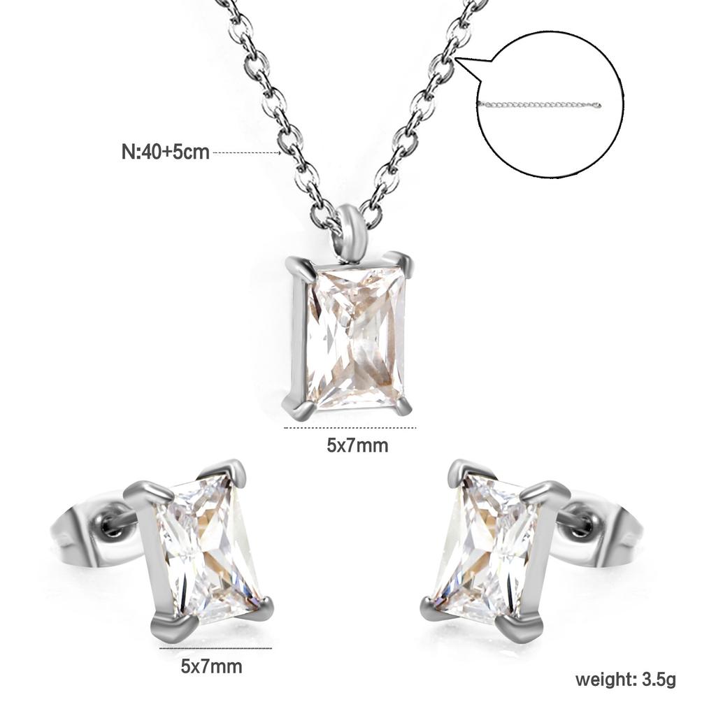 Square White Zircon Earrings And Necklace Set Classic Versatile Women's Jewelry Fade Resistant