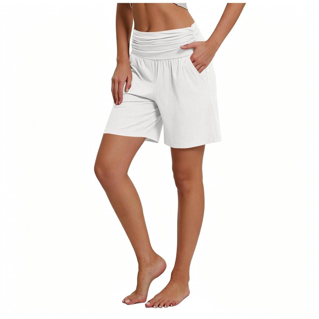 Women's Casual High Waist Elastic Shorts with Pockets Comfortable Lightweight Soft Fabric Mid Length Lounge Shorts for Daily Wear