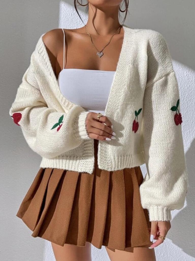 Europe, America, Autumn and Winter New Three-dimensional Cherry Embroidered Sweater Women's Buckle-free Loose Knitted Cardigan