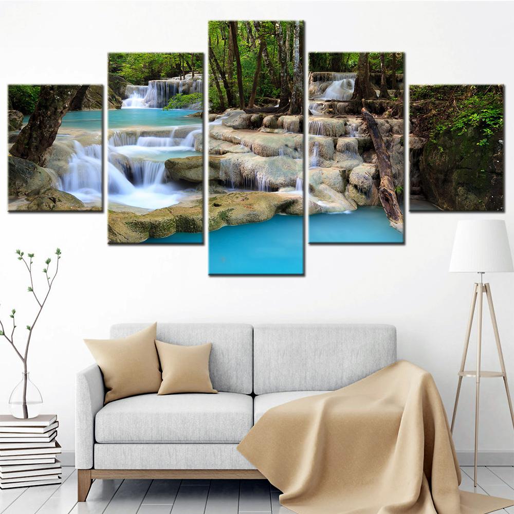 5 Panel Canvas Print Forest Waterfall Landscape Painting Module Wall Art Home Decor Picture Aesthetic Room Decoration Poster No Frame