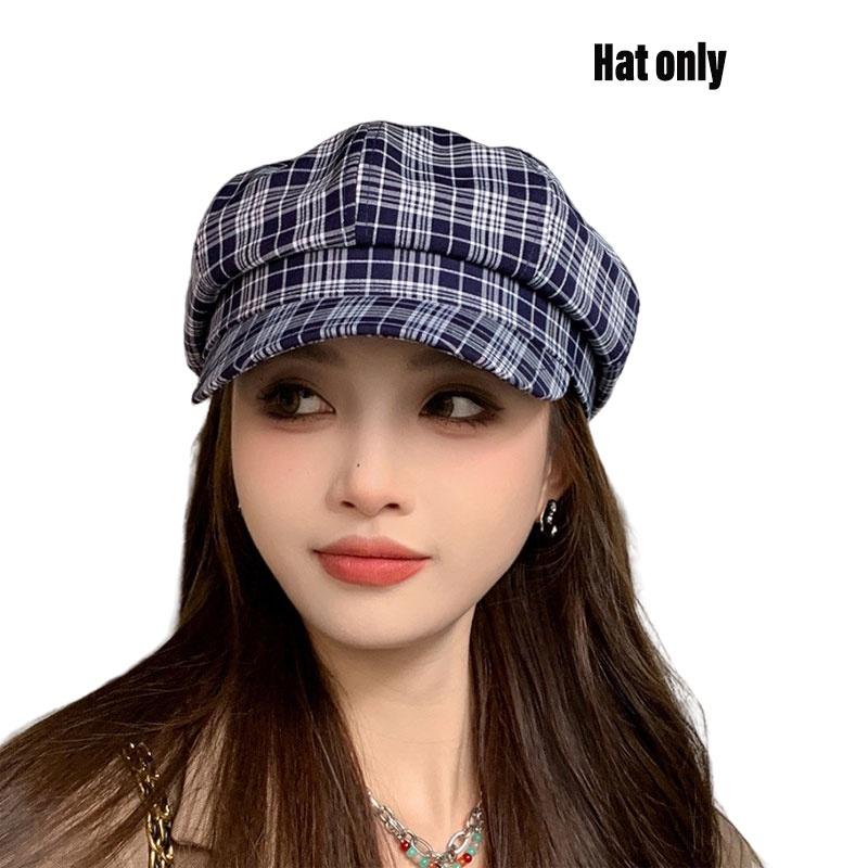 Vintage karierter achteckiger Hut für Damen Herbstmode Trendiges Barett Vielseitige lässige Schirmmütze