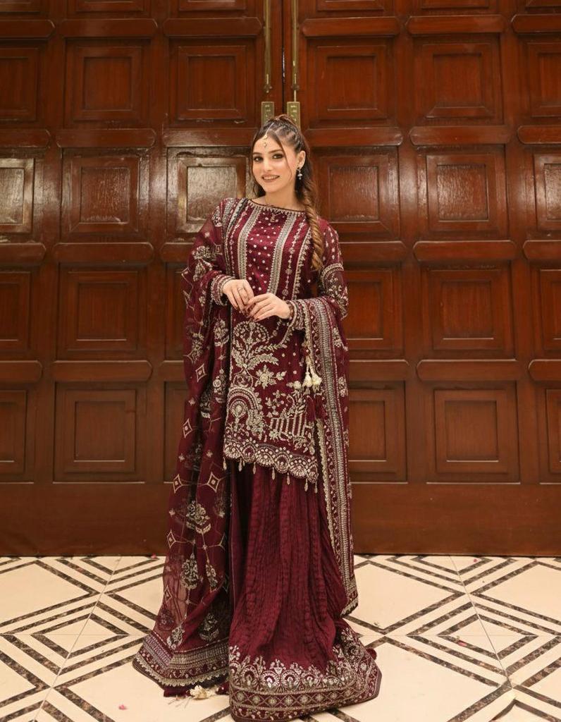 Women Maroon Sharara Salwar Suit Indian Pakistani Designer Salwar Kameez Bollywood Party Wear