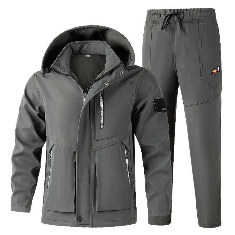 

Мужская спортивная одежда 50-100 кг Парка Осень Мастерство Костюм Мужской Плюс Бархат Утолщенный Ветрозащитный и Теплый Для Альпинизма На Открытом Воздухе Повседневный Костюм-двойка 175/60-72.5KG серый