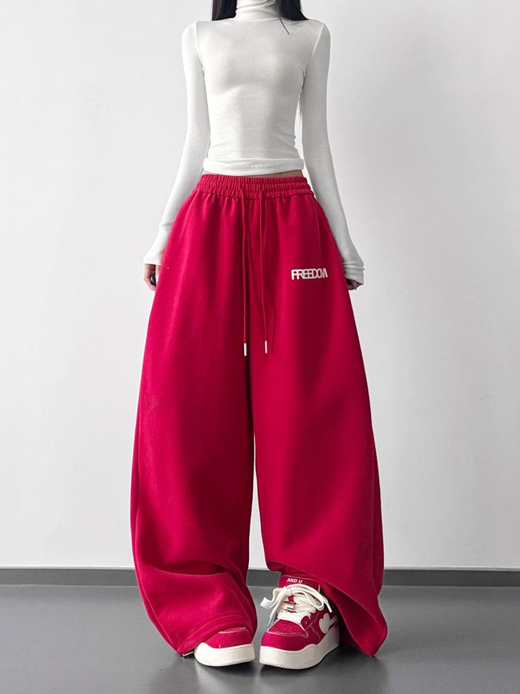 2026 Fall/Winter Red High-Waisted Wide-Leg Women's Sweatpants - Slimming, Casual, Sporty, with Drawstring, Long and Loose Fit.