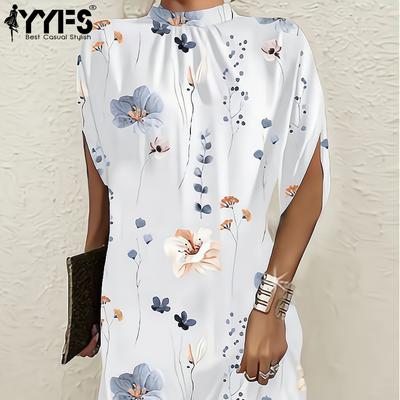 Damenmode Sommer Frühling Blumenmuster Druck 1/2 Ärmel O-Ausschnitt Mittlere Taille Freizeitkleider