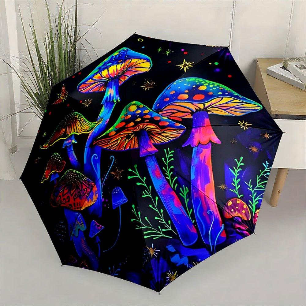 Automatic Folding Umbrella with Neon Glowing Mushroom Design - 8-Rib Compact Folding Umbrella, Neon Colors (, Pink, Purple, Gr