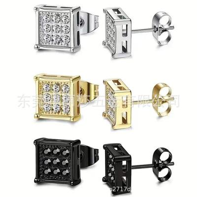 Titanium Steel Rhinestone Stud Earrings - Unisex, Versatile, Advanced Design, Square Shape