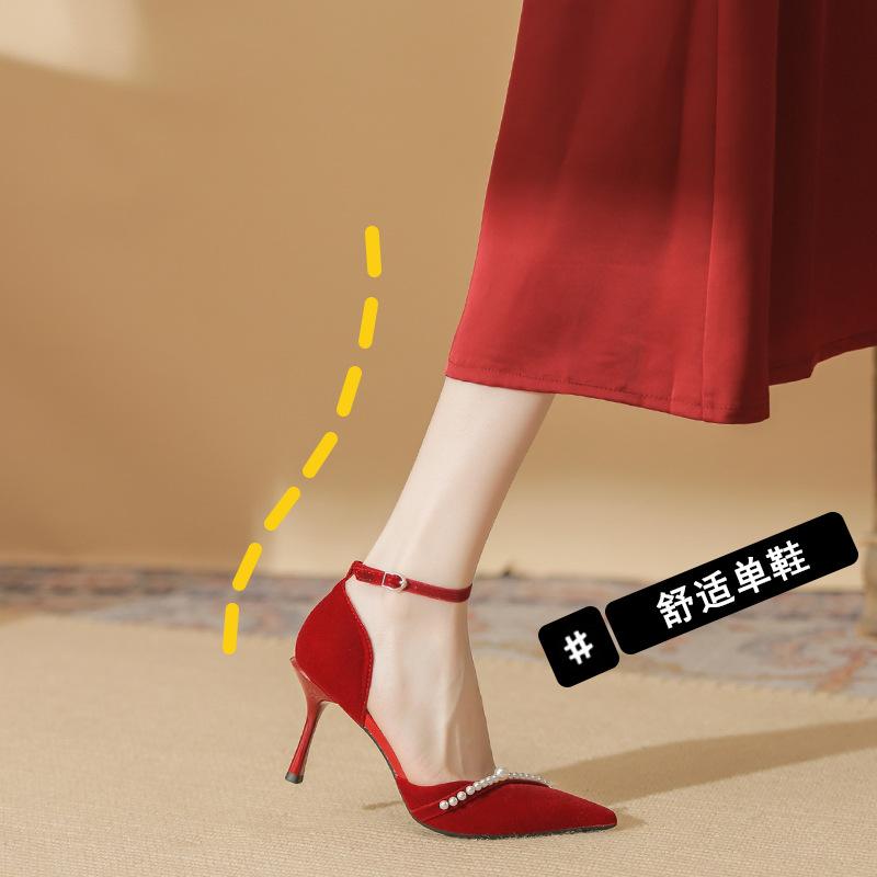 82313 High Heels Women's Thin Heels 2025 Spring New Temperament Pearl One-word Strap Wedding Shoes Pointed Shallow Mouth Single Shoes
