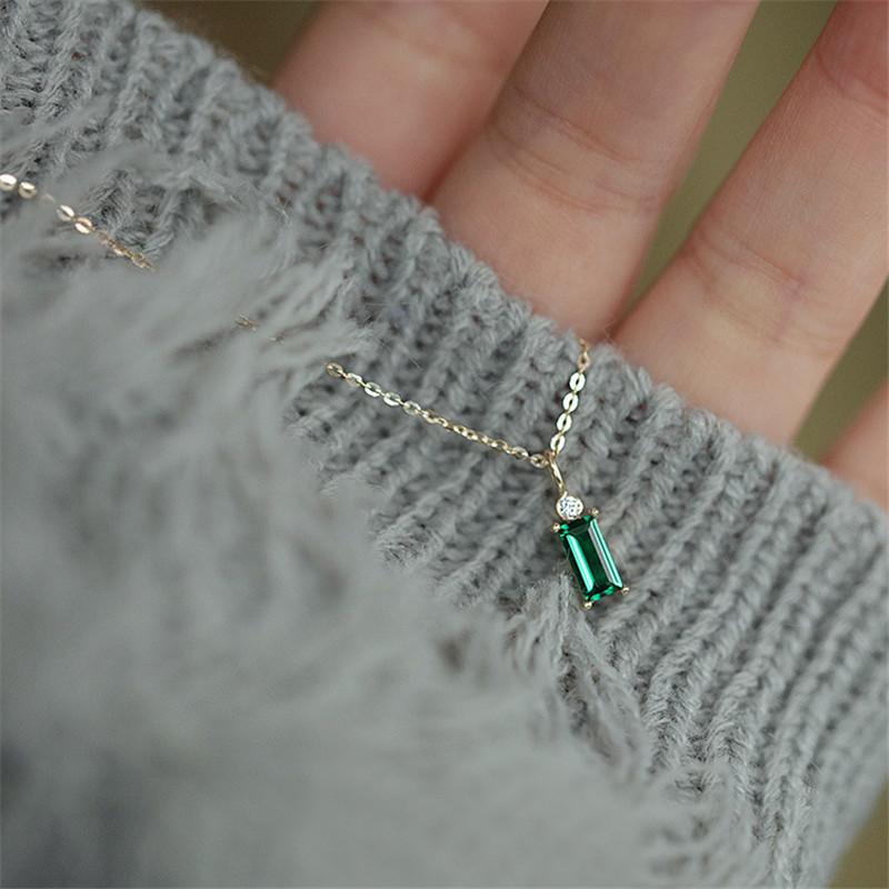 

925 Sterling Silver European Simple Square Green Crystal Pendant Clavicle Chain Necklace Women Classic Plating 14k Gold Jewelry Gold