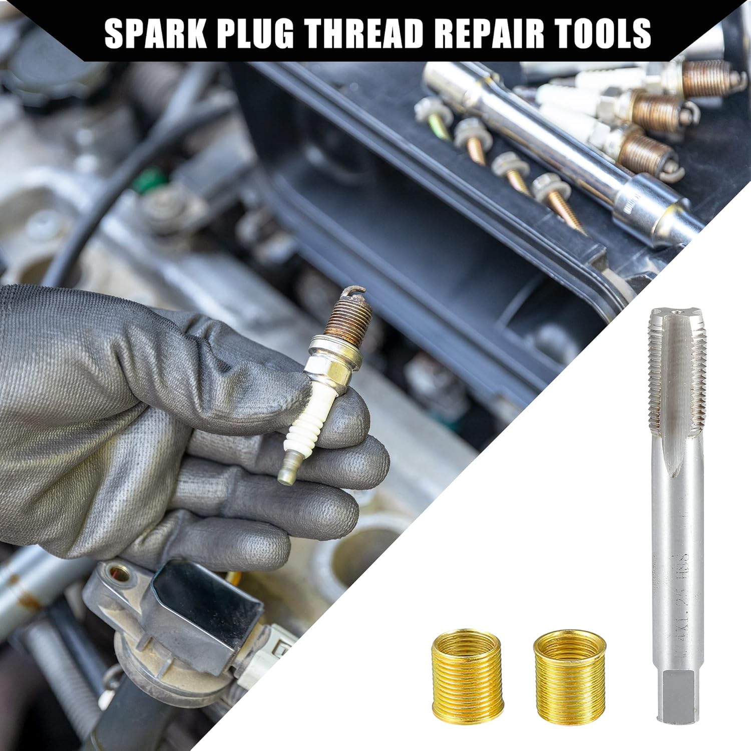 

Outer Universal Spark Plug Thread Repair Tools Set with M12x1.25 Inner Thread Inser and M14x1.25 Tap/Engine Repair Tools/Durable/Gold Tone