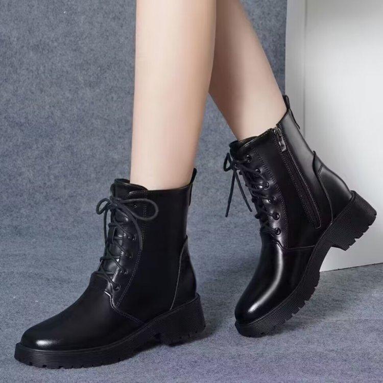 Winter and Autumn Thick-soled Leather Boots for Women, Short Boots with Added Fleece Lining, Women's Shoes