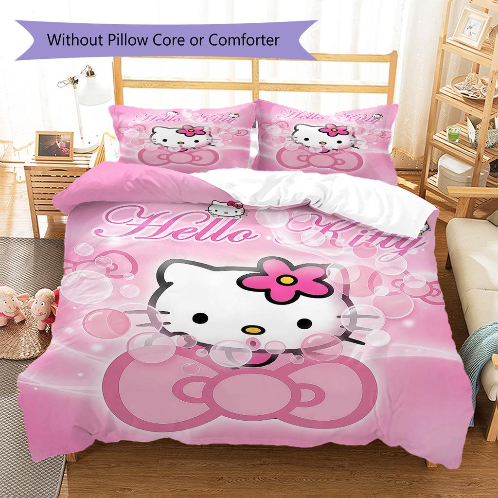 Hello Kitty Cute Pattern Bedding,Quilt Set Quilt Cover Pillowcase Home Birthday Gift(1 * Duvet Cover + 2 * Pillowcase, Without Core)
