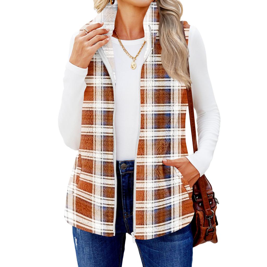 Women's Checked Print Fashionable And Warm Fleece Cardigan Vest Jacket