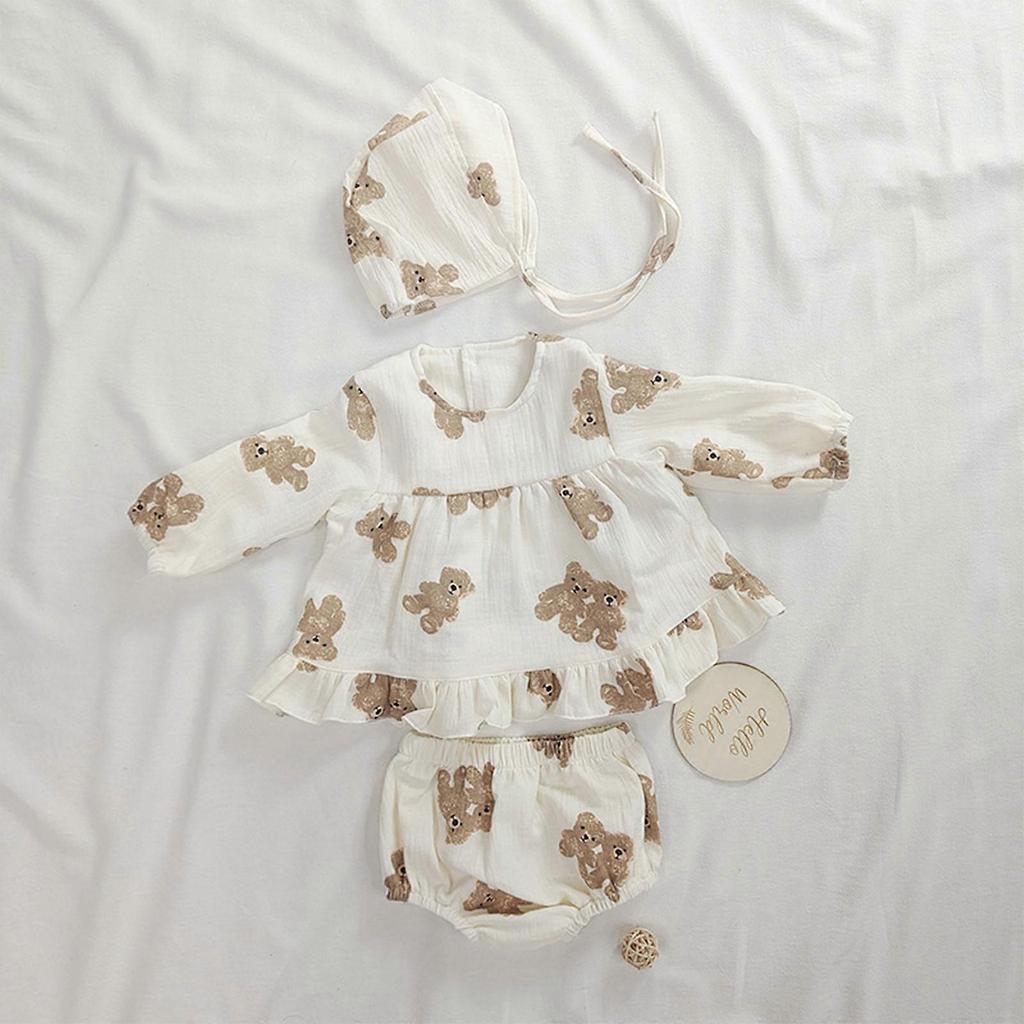 Infant Outfit Clothing Set 3-Pieces Suit 0-2Years Old Girls Dress Cap Shorts for Baby Girl Boy Organic Cotton Bear Print For 18 to 24M