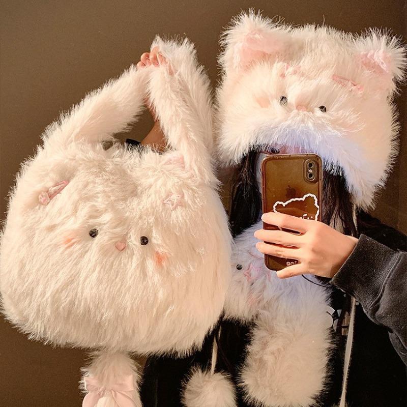 Plush Hat Female Autumn and Winter Cute Hairpin Cat Plush Hat Winter Thickened Warm and Cold Ear Protection