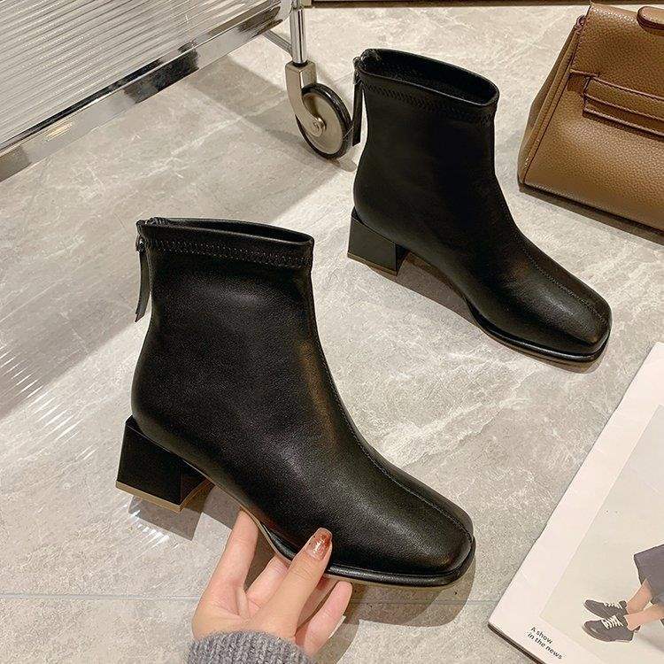 French Short Boots Women's 2025 New Spring and Autumn Single Boots Thick Heel High Heel Bare Boots Square Head Thin Boots Small Martin Boots