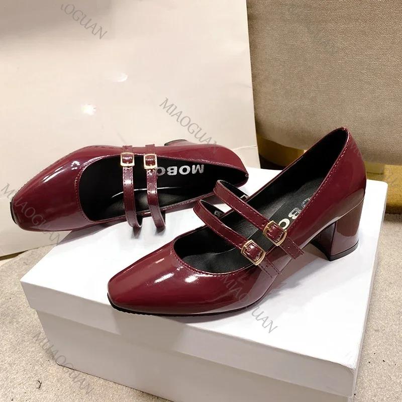 Fashion 2025 Spring Autumn Women Double Buckle Pumps Shoes Pu Leather Square Head Chunky High Heel Solid Color Women's Loafers Shoes
