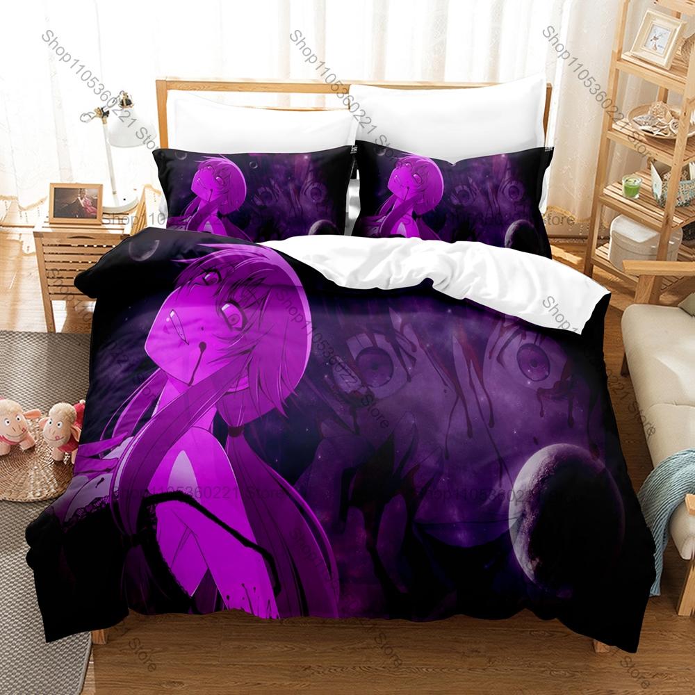 Cool Mirai Nikki Yuno Gasai Bedding Set 3 Piece Breathable Duvet Cover Set for Kpop Fans Gift Bedroom Decoration