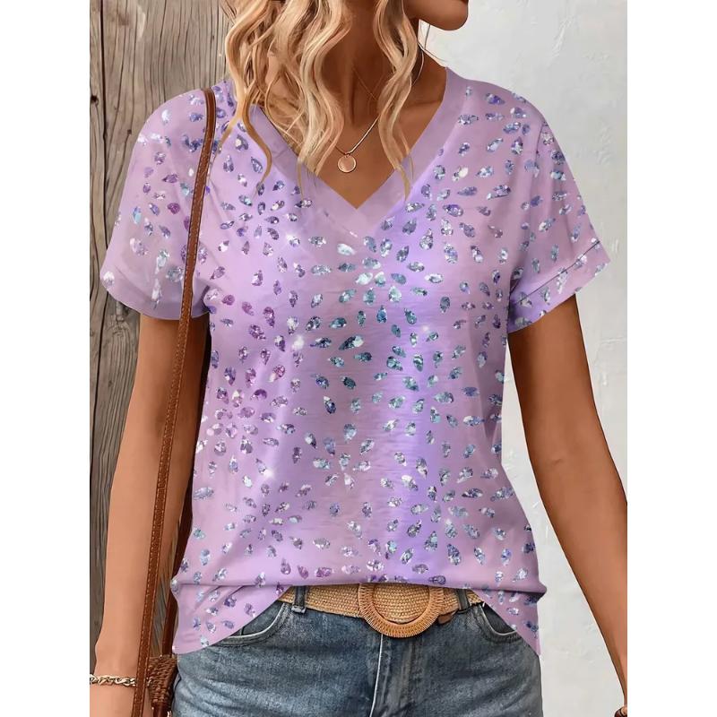 Fashion Women's V-Neck Short Sleeve 3D Casual Color Printing Casual Short Sleeve V-Neck T-Shirt
