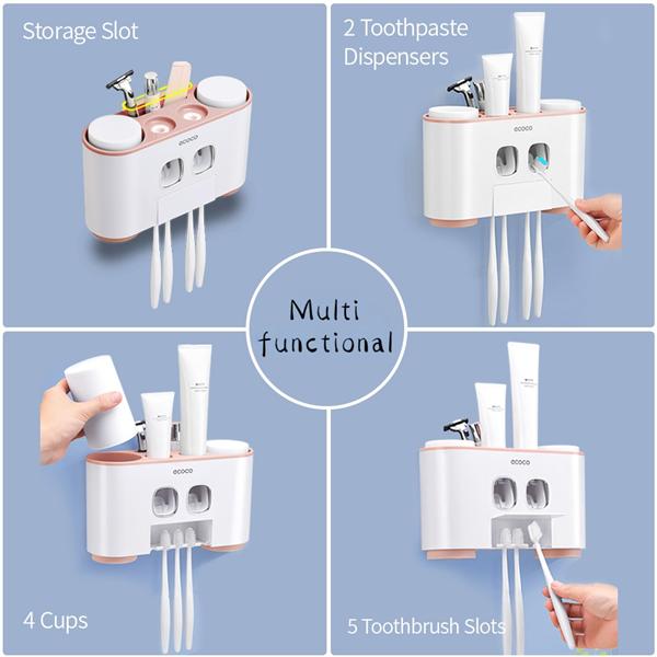 Toothbrush Holder Wall Mounted Automatic Toothpaste Dispenser Magnetic Toothpaste Squeezer Whit 4 Cup