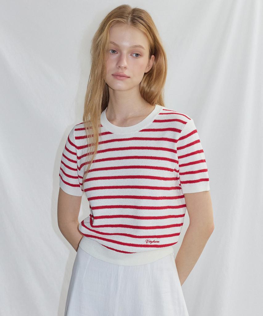 CITYBREEZE Cotton Blend Striped Round Neck Short Sleeve Knit_4 Colors