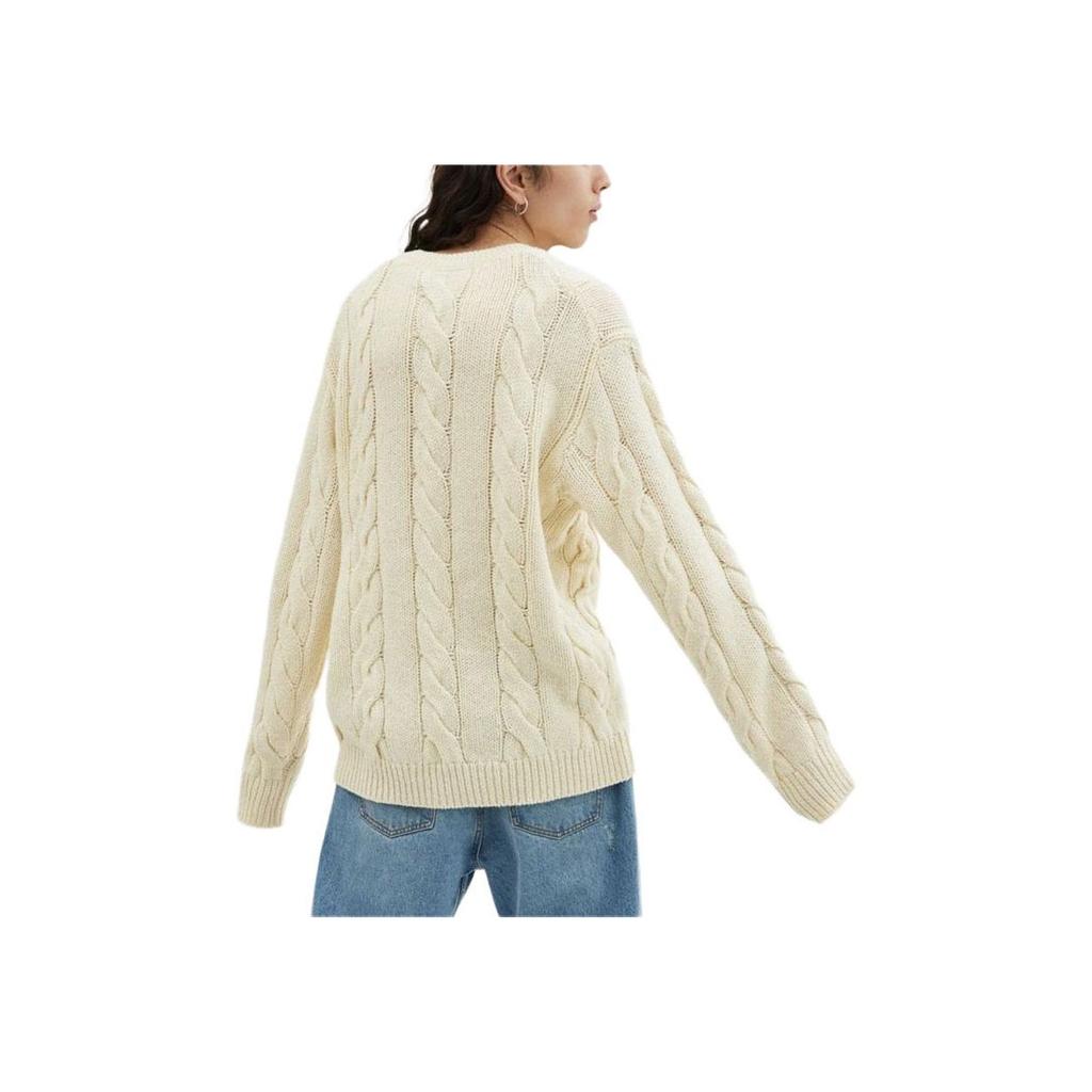 Coach Solid Color Logo Embroidered Cable Knit V-Neck Sweater Unisex Sweater Ivory CP972-VT5