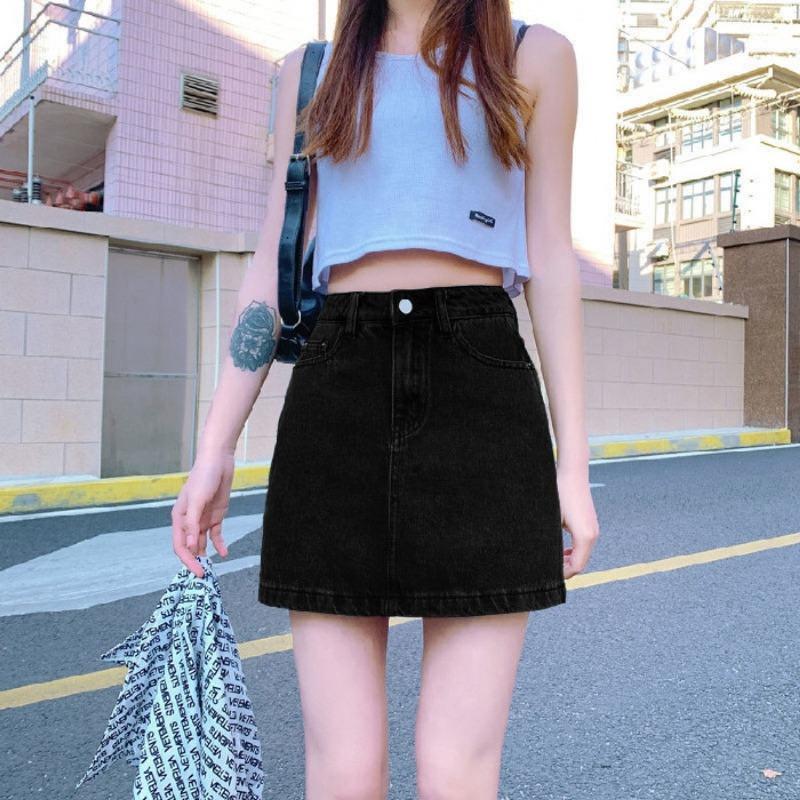 Damen Sommer Dünner Denim Halblanger A-Linienrock, Hohe Taille, Große Größe, Umspielende Hüfte, Schlankmachender Lockenkanten-Kurzrock