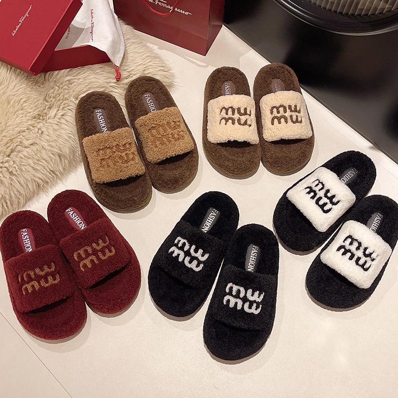 Papuci de casă roșii cu litere, pufoși, de exterior, pentru femei, 2024, noi, groși, din piele întoarsă, tip șlap cu o bandă, de toamnă și iarnă, pentru interior, din bumbac, pentru femei