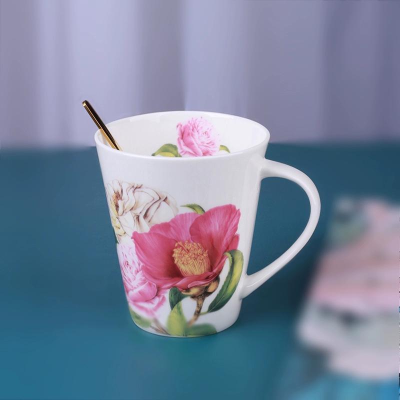 V Style Porcelain Mug 450ml, Fine Bone China Tea Cup Coffee Cup, Camellia Flowers Pattern Coffee Mug for Cappuccino ,ceramic Tea Sets